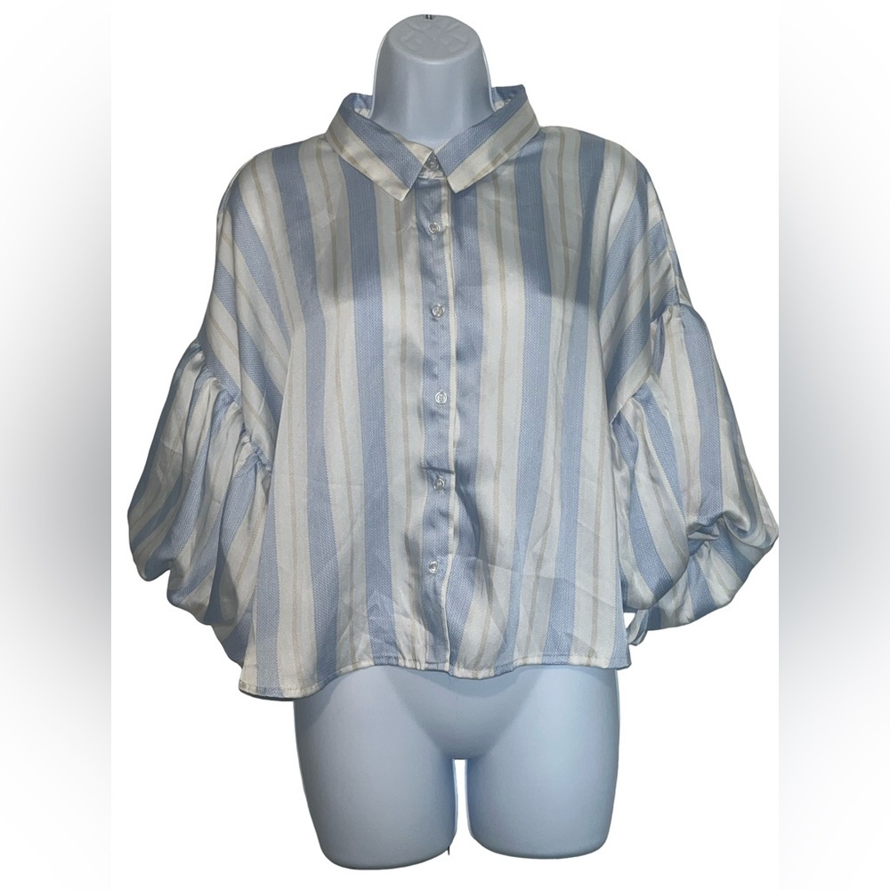 Milk & Honey Women’s Light Blue & White Striped Button-Front Balloon Sleeve Top